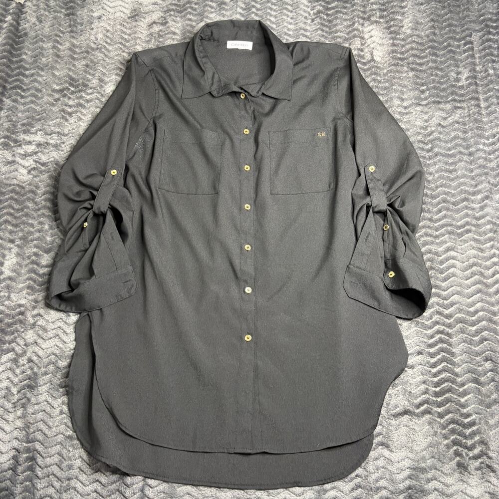 Calvin Klein Women’s Black Solid Collared Long Sleeve Button-Up Shirt M/L